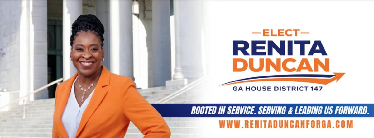 Renita Duncan's campaign banner. She stands on stone steps in front of a columned building, beside the slogan Rooted in Service.